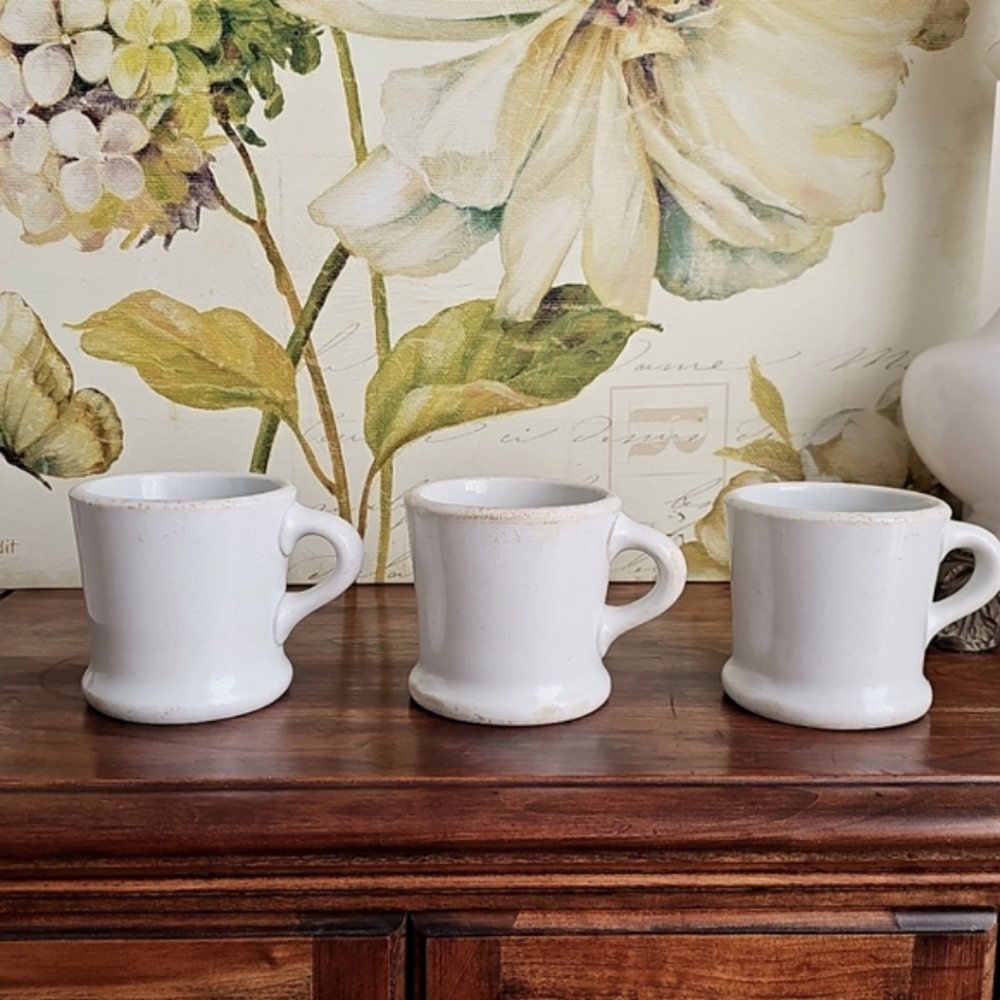 Vintage 1940's HALL Ironstone White Coffee Mugs Set 3 Primitive Farmhouse Diner